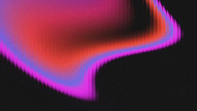Abstract grainy gradient background with pink, purple, orange, and blue tones, featuring a wavy shape with vertical glitch grooves against a black backdrop.