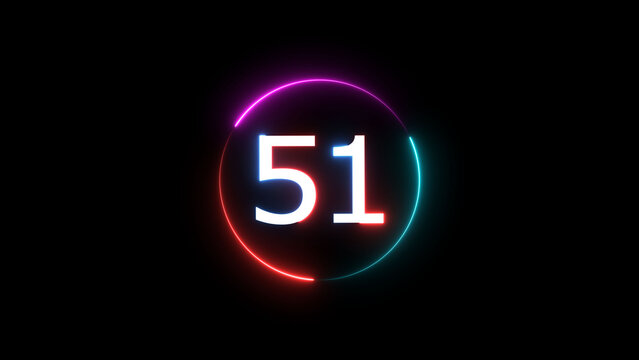 A dynamic circular illustration, and glowing count neon number 51 illustration . on a black background. and creating a stunning 4k illustration.