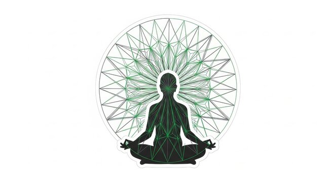 Meditation - Geometric Network Silhouette of Person in Lotus Pose with Green Sacred Mandala Circle