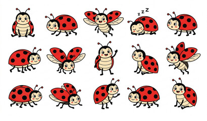 Cute Cartoon Ladybug Collection Vector Set with Flying Crawling and Sitting Insect Characters © joy