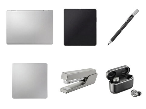 Collection of modern office and technology gadgets including laptops, a foldable phone.