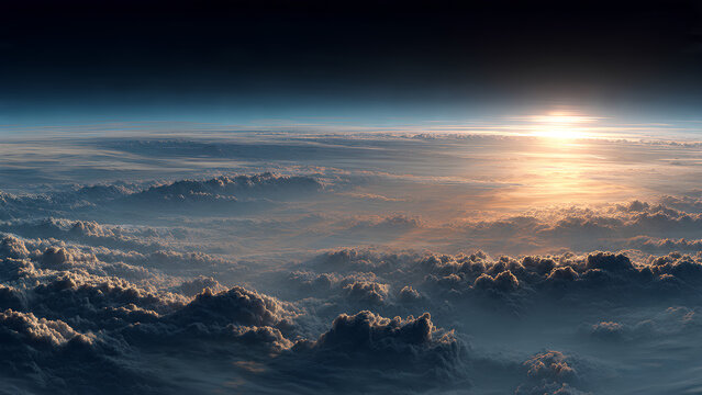 Stunning aerial view of Earth's atmosphere with sun setting over a vast sea of clouds from high altitude, showcasing natural beauty.