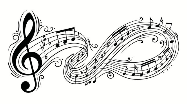 Elegant flowing treble clef with musical notes on abstract infinity staff vector illustration