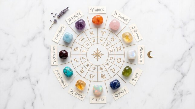 Zodiac astrology chart flat lay twelve signs and healing crystals