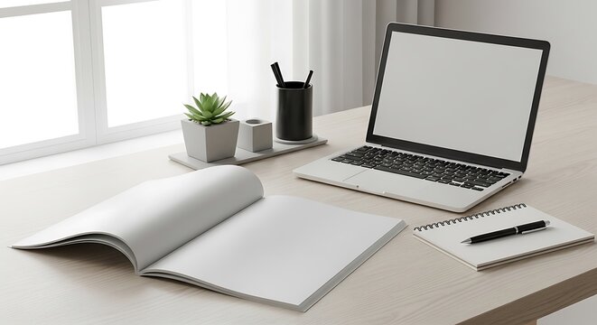 Modern laptop with an open notebook and stationery on a clean office desk. magazine mockup psd