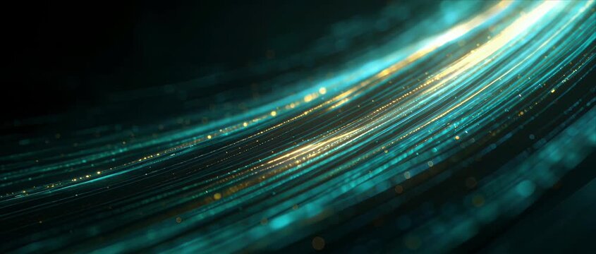 Particle wave background for text abstract line light trail motion teal gold glow energy futuristic curve digital speed dynamic fiber flow technology data communication neon pattern modern design