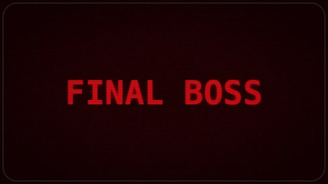 Retro final boss pixel text with red glitch effect. Final Boss Red Arcade Warning Screen