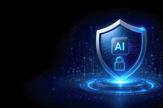 Futuristic AI Cybersecurity Shield with Data Protection Concept on Dark Blue Background, Digital Security Technology Banner with Copy Space