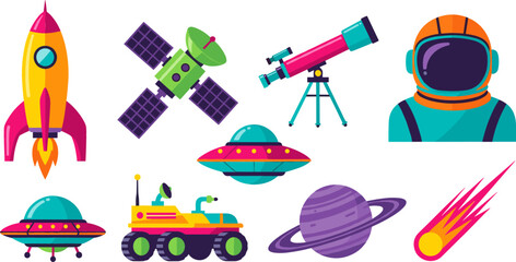 Astronomy and Outer Space Exploration Icon Set Featuring Rocket Ship, Satellite, Telescope, Astronaut, UFO Spaceships, Mars Rover, Ringed Planet, and Comet Vector Graphics © Borsha