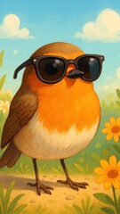 Fototapeta premium Stylish bird wearing sunglasses outdoors.