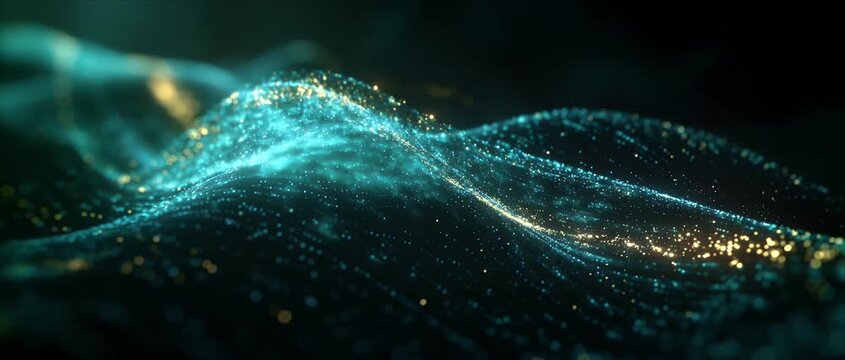 Particle wave background for text luminous abstract line digital glitter flow glowing light motion and futuristic energy vibration modern data flow technology pattern with luxury teal gold fantasy