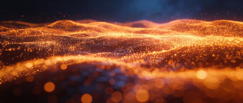 Abstract particle wave background for text glowing landscape orange light trail digital art fantasy field bokeh shimmer motion energy futuristic scene sci fi dreamy mood pattern depth of field