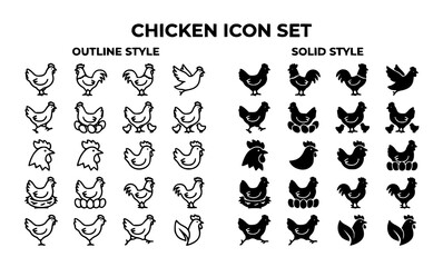 Obraz premium Chicken Outline and Solid Icon Set Vector Poultry Farm Bird Collection