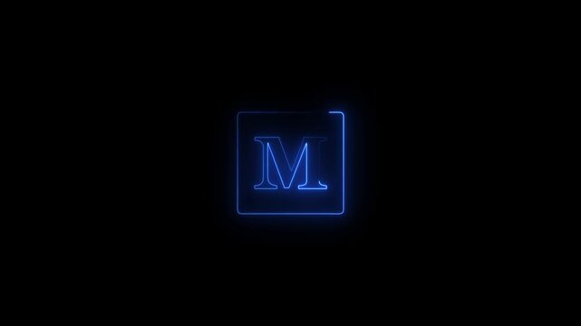 Blue Neon M Letter Inside Square on Black Background alphabet typography