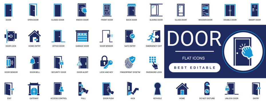 door icon set. entrance, home, interior, push, exit, pull, open door, doorbell, architecture, knock, access, gate, house. editable solid glyph vector illustration.
