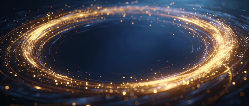 Gold particle ring wave background for text design glowing circular light abstract energy swirl magic glitter cosmic halo luxury frame fantasy border blue space elegant modern futuristic sci fi banner