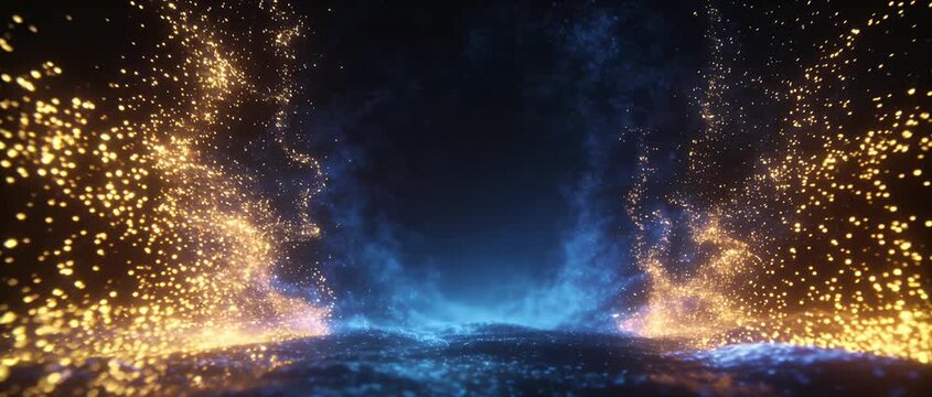 Particle wave background for text with glowing abstract light field in blue and gold digital energy flow fantasy space portal effect dreamy depth sci fi swirl and glitter motion design