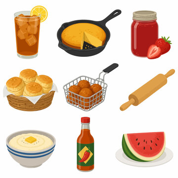 Vector illustration set of traditional Southern food including cornbread in a cast iron skillet, biscuits, bowl of grits with butter, iced tea, strawberry jam, hot sauce, and watermelon.