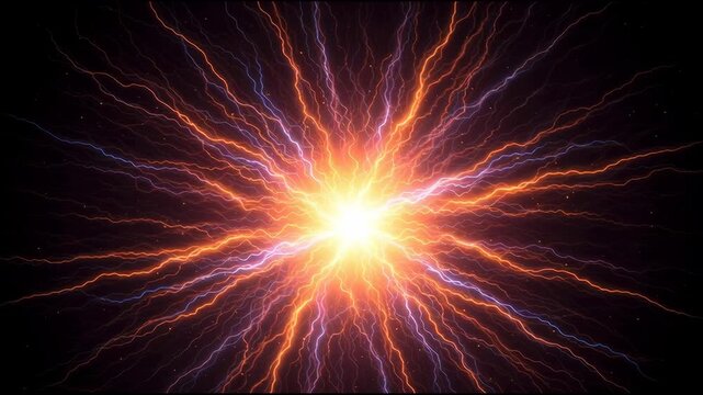 Explosion of vibrant orange and purple lightning bolts radiating from a bright center