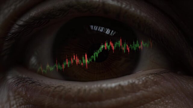 Close up eye financial chart reflection stock market data trading graph business analytics investment risk focus macro human face detail dark mood vision concept close up eye reflection stock market