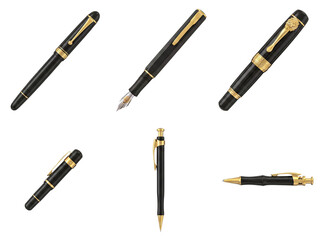 Naklejka premium Premium black and gold writing instruments, an elegant collection of fountain, ballpoint, and rollerball pens.