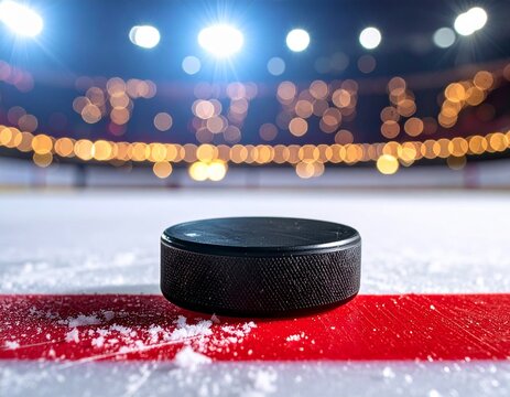 Hockey Puck Resting on Red Line of Ice Rink. Low-angle view of a black hockey puck positioned on a red line of an ice rink with a brightly illuminated stadium in the background.