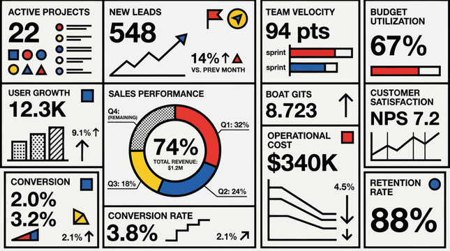 Business performance dashboard with infographic charts and data metrics