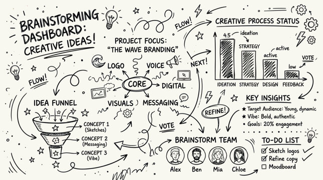 Creative Brainstorming Dashboard Featuring Idea Funnel Sketching Concept
