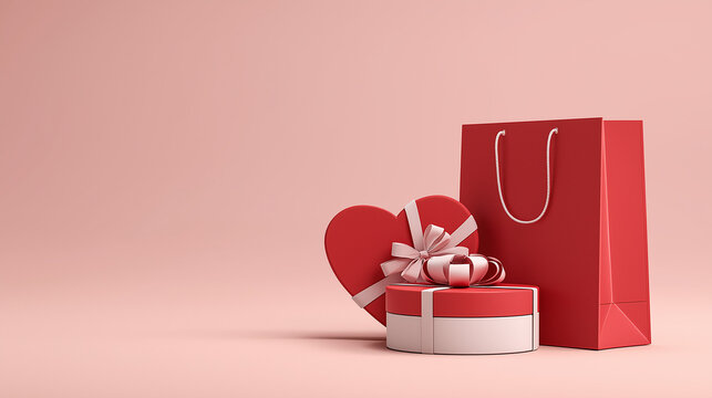 Red Shopping Bag with Gift Boxes and Heart on Pink Background, Valentine's Day Sale Concept