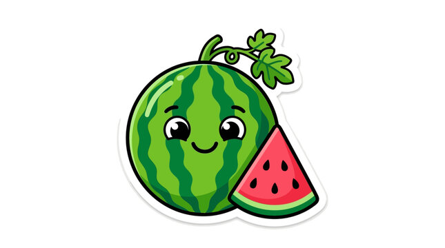 Smiling cartoon watermelon character with slice.
