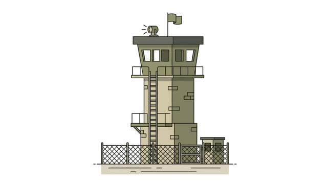 Watchtower with fence and flag on top.