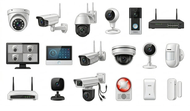 Realistic CCTV Security System Vector Set with Smart Surveillance Cameras and Safety Technology