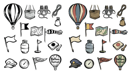 Collection of hand-drawn icons related to hot air ballooning and travel adventures. © Renald