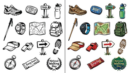 Collection of hiking and outdoor adventure equipment and symbols for National Walking Day. © Renald
