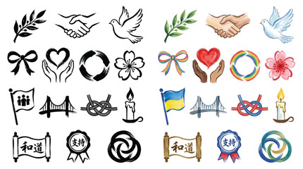 Fototapeta premium Collection of Symbols Representing Peace, Unity, and Hope in Both Black and White and Watercolor Styles.