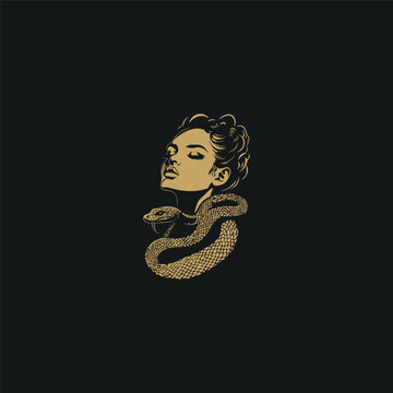 Mystical woman portrait illustration with a snake wrapped around her