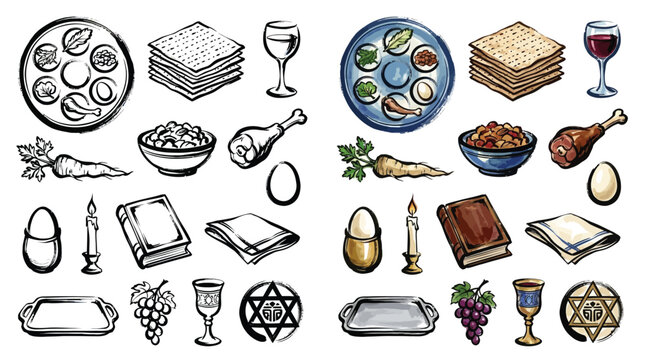 Passover Seder Plate and Symbols Collection: A Visual Representation of Jewish Tradition and Celebration.