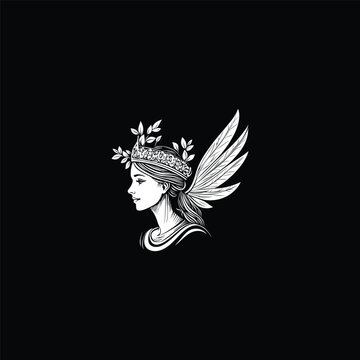 Beautiful black and white line art illustration of a winged goddess profile wearing a laurel crown, isolated on a solid black background.
