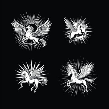 Mythological flying pegasus horse illustration with sunburst rays background in vintage hand drawn style.