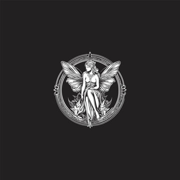 Beautiful fairy woman with wings sitting inside an ornate circular frame, hand drawn white line art illustration on a black background.