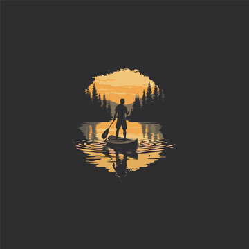 Man paddling a canoe on a calm lake with mountain and pine forest vector illustration.