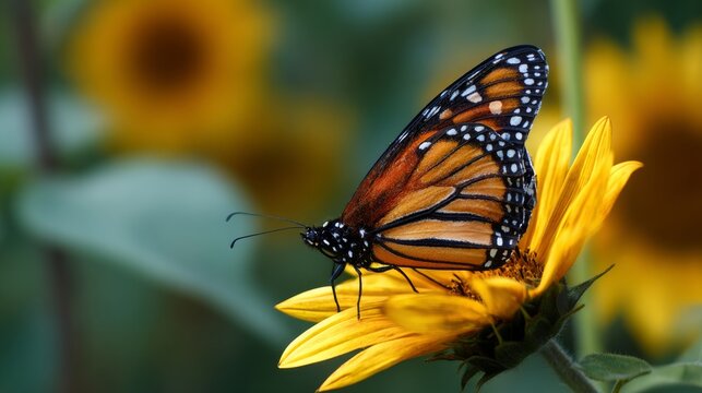 Monarch butterfly perched on vibrant sunflower bloom in summer garden, colorful pollinator insect displaying delicate orange and black patterned wings, close up wildlife nature scene with bright yello