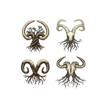 Hand drawn set of mystical animal skull and horn illustrations combined with twisted tree roots and branches