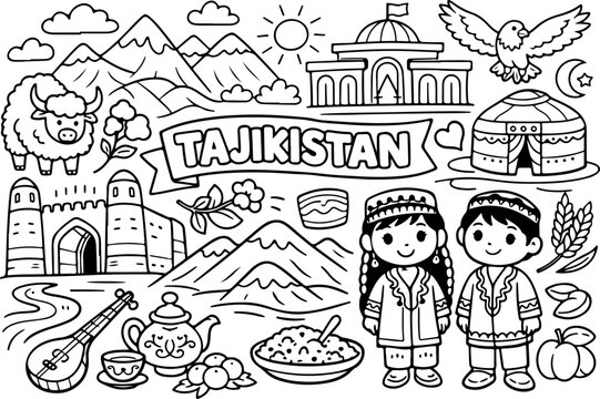 tajikistan cartoon outline hand drawn Line Art illustration doodle art coloring page for kids