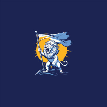 Powerful vector illustration of a standing, roaring white lion on a cliff, proudly holding a tattered blue and white flag against a large yellow sun and deep blue background.