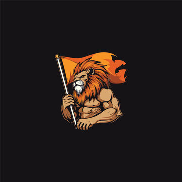 Muscular lion warrior mascot holding a blank orange flag vector illustration isolated on black background.