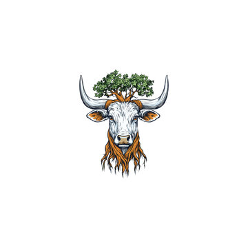 Hand drawn vintage engraving illustration of a mystical bull head combined with tree roots and growing branches on horns, isolated on white background.