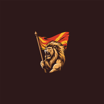 Muscular lion warrior mascot holding a blank orange flag vector illustration isolated on black background.