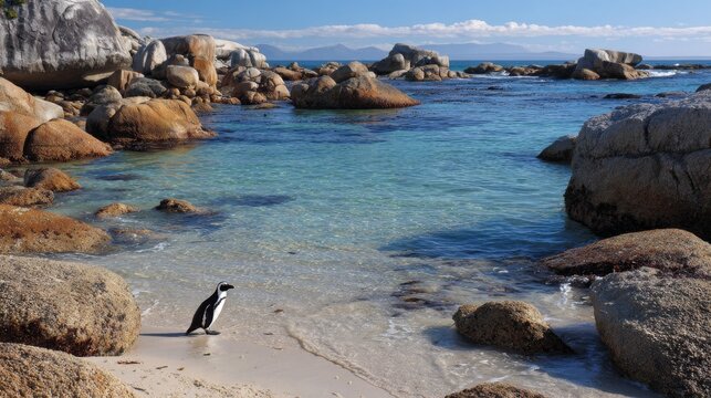 Penguin standing on rocky shoreline at boulders beach near cape town, south africa, with clear coastal waters, natural wildlife habitat, scenic ocean landscape, and famous african seabird colony