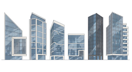 Fototapeta premium Set of modern glass office buildings and city skyscraper sketches on white background